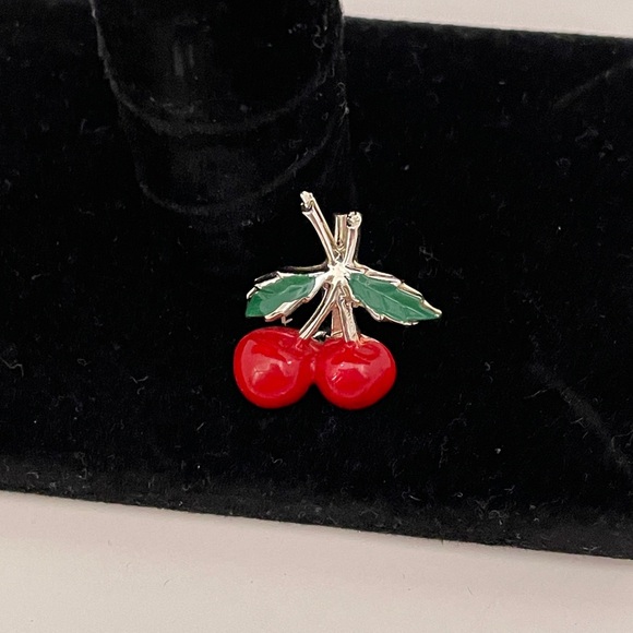 Vintage Silver Tone Red Enamel Cherry Coquette Girl Ballet Dainty Pin / Brooch - Picture 9 of 9